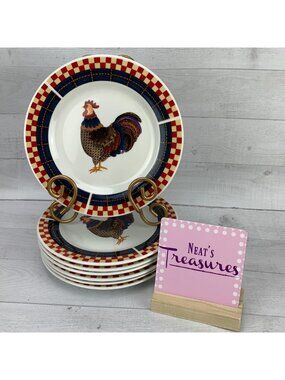 Oneida Majesticware CALICO ROOSTER Checked Band Stoneware Dessert Salad Set of 7